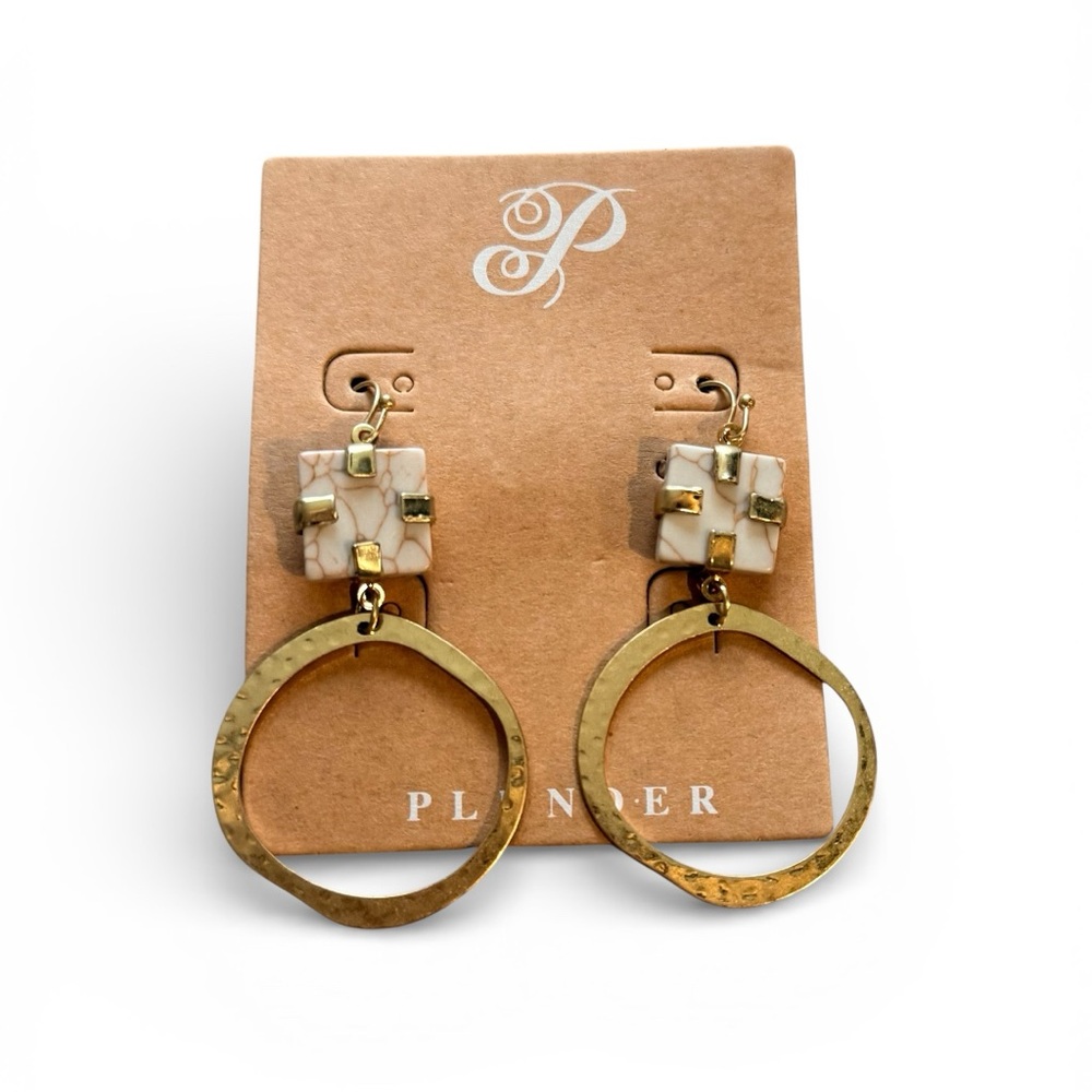 NWT! Plunder Gold Tone Geometric Hoop Dangle Earrings White Stone